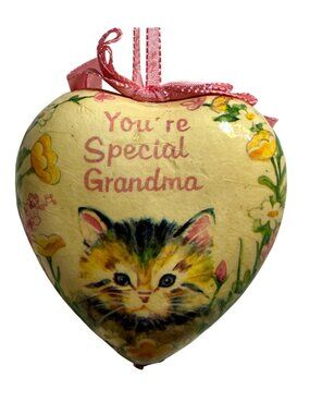 "You're Special Grandma"  Cat & Floral Design  3"  Hanging Heart Ornament